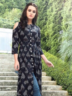 Black Rayon Printed Anarkali Kurtis
