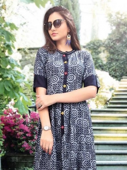 Blue Rayon Printed Anarkali Kurtis