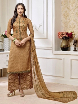 Beige Cotton Printed Palazzo Suits