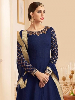 Navy Blue Silk Embroidery Anarkali Suits