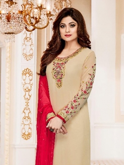 Beige Georgette Embroidery Straight Suits