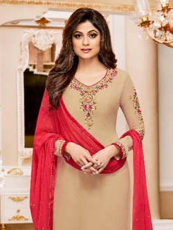 Beige Georgette Embroidery Straight Suits