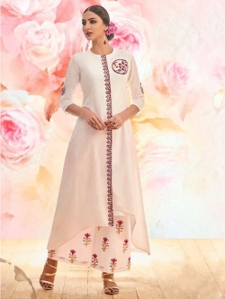White Linen Floral Design Anarkali Kurtis