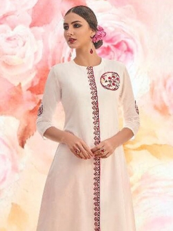 White Linen Floral Design Anarkali Kurtis