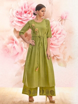 Green Linen Floral Design Anarkali Kurtis
