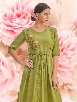Green Linen Floral Design Anarkali Kurtis