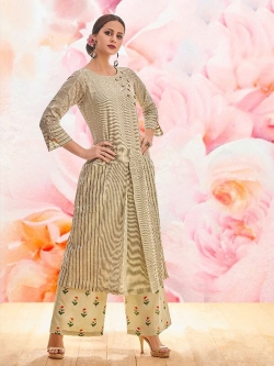Beige Linen Floral Design Anarkali Kurtis