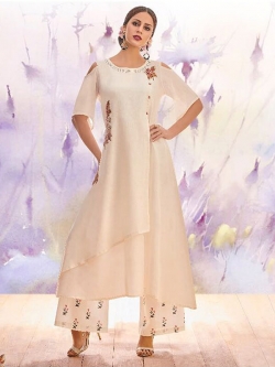 White Linen Floral Design Anarkali Kurtis