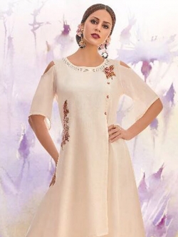 White Linen Floral Design Anarkali Kurtis