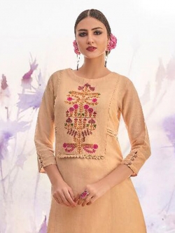 Beige Linen Floral Design Anarkali Kurtis