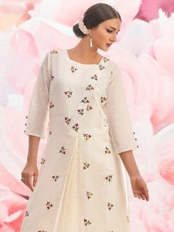 White Linen Floral Design Anarkali Kurtis