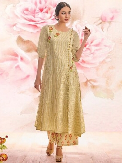 Beige Linen Floral Design Anarkali Kurtis