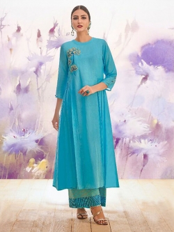 Blue Linen Floral Design Anarkali Kurtis