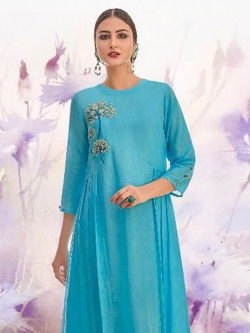 Blue Linen Floral Design Anarkali Kurtis