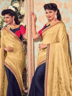 Beige Viscose Border Work Half And Half Sarees
