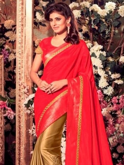 Red Raw Silk Border Work Half And Half Sarees