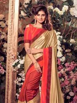 Beige Lycra Border Work Half And Half Sarees