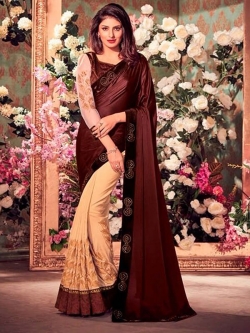 Brown Satin Border Work Half And Half Sarees