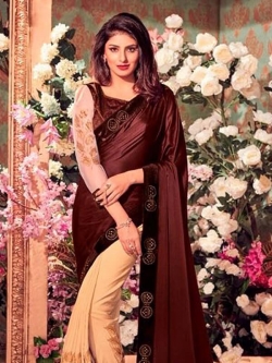 Brown Satin Border Work Half And Half Sarees
