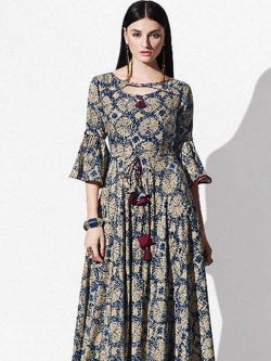 Beige Rayon Printed Anarkali Kurtis