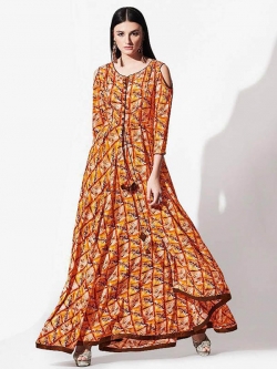 Orange Rayon Printed Anarkali Kurtis