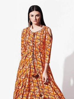 Orange Rayon Printed Anarkali Kurtis