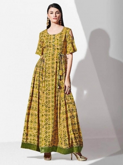 Green Rayon Printed Anarkali Kurtis