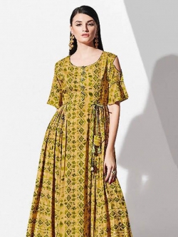 Green Rayon Printed Anarkali Kurtis