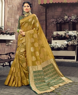 Olive Cotton Silk Embellished Traditional Sarees