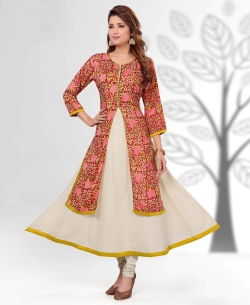 Pink Chanderi Cotton Digital Printed Anarkali Kurtis