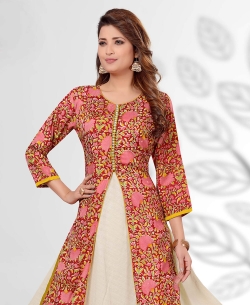 Pink Chanderi Cotton Digital Printed Anarkali Kurtis