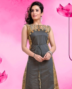 Grey Silk Digital Printed Anarkali Kurtis
