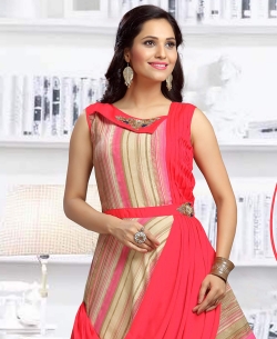 Pink Chanderi Cotton Digital Printed Anarkali Kurtis