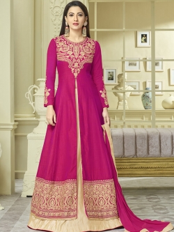 Pink C N X Two Tone Silk Embroidery Long Choli Lehengas