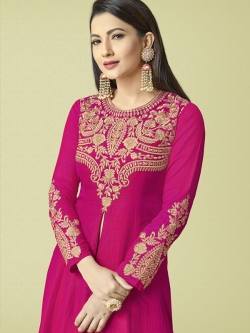 Pink C N X Two Tone Silk Embroidery Long Choli Lehengas