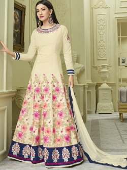 Cream Malbary Silk With Fusing Floral Design Anarkali Suits
