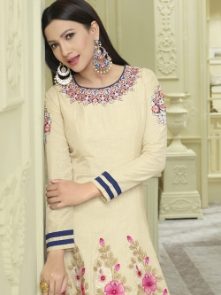 Cream Malbary Silk With Fusing Floral Design Anarkali Suits