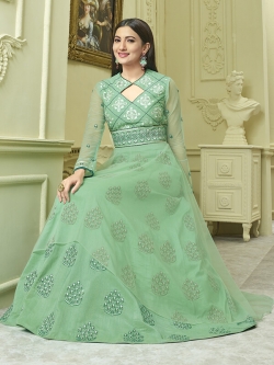 Light Green Malbary Silk With Fusing Embroidery Long Choli Lehengas