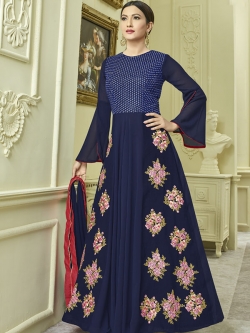 Navy Blue Real Georgette With Ryon Flex Embroidery Anarkali Suits