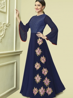 Navy Blue Real Georgette With Ryon Flex Embroidery Anarkali Suits
