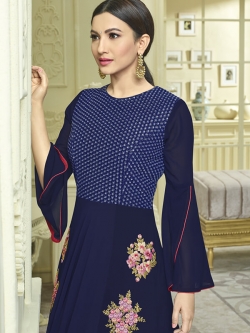 Navy Blue Real Georgette With Ryon Flex Embroidery Anarkali Suits