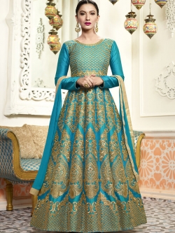 Sky Blue C/N Two Tone Silk Embroidery Anarkali Suits