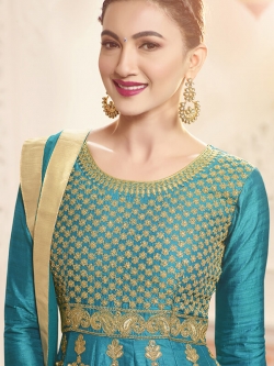 Sky Blue C/N Two Tone Silk Embroidery Anarkali Suits