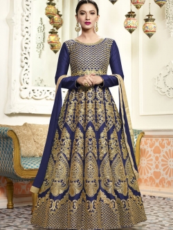 Navy Blue C/N Two Tone Silk Embroidery Anarkali Suits