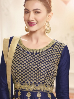 Navy Blue C/N Two Tone Silk Embroidery Anarkali Suits
