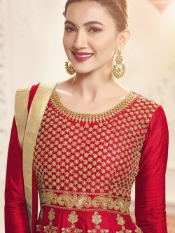 Red C/N Two Tone Silk Embroidery Anarkali Suits