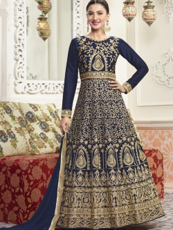 Navy Blue Malbery Silk Embroidery Anarkali Suits