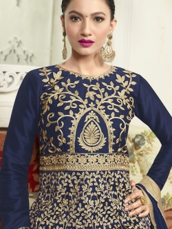Navy Blue Malbery Silk Embroidery Anarkali Suits