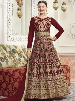 Maroon Malbery Silk Embroidery Anarkali Suits