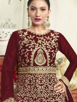 Maroon Malbery Silk Embroidery Anarkali Suits